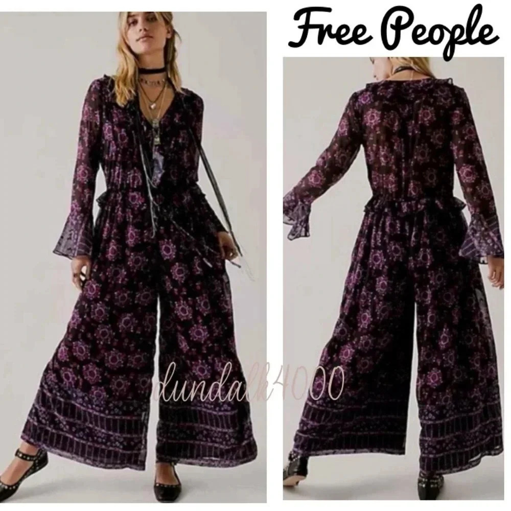 Free People x Anna Sui Cassiel Printed Jumpsuit Black Combo XS